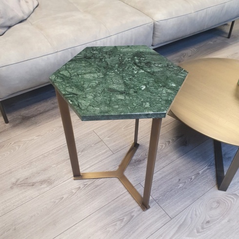 Ex-Display: Hex Side Table - Verde Guatemala Marble, Antique Gold